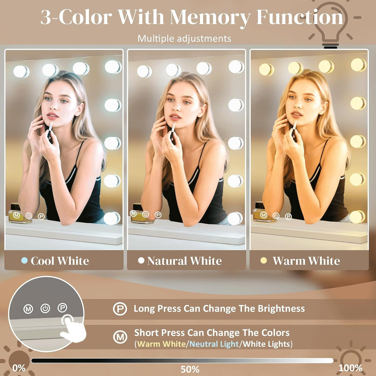Hollywood Vanity Mirror with Lights, 15 Light Bulbs，3 Color Lights，Make Up Li...