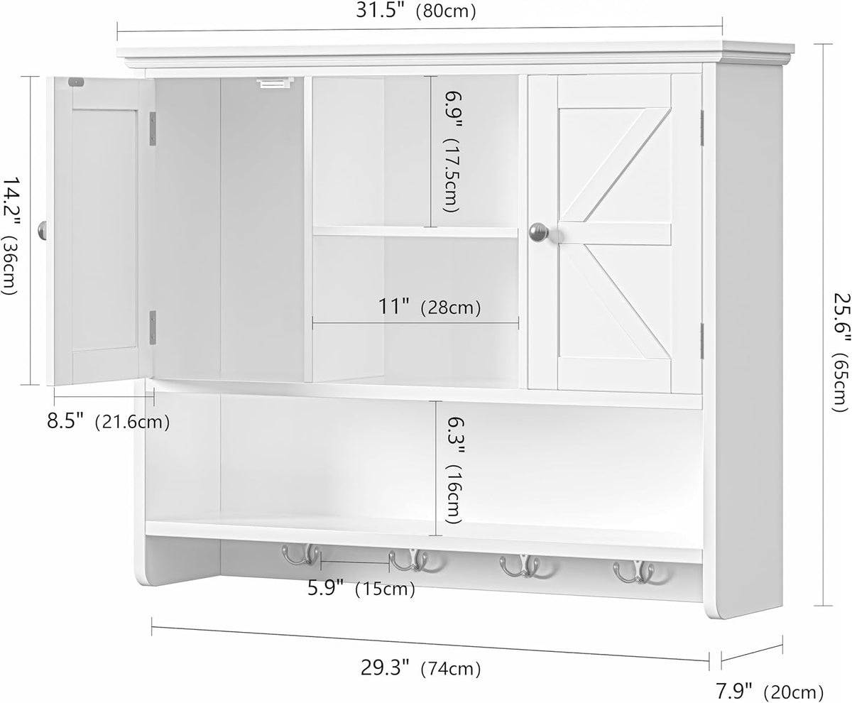 Keehusux Farmhouse Medicine Cabinet with Barn Doors and Hooks, White