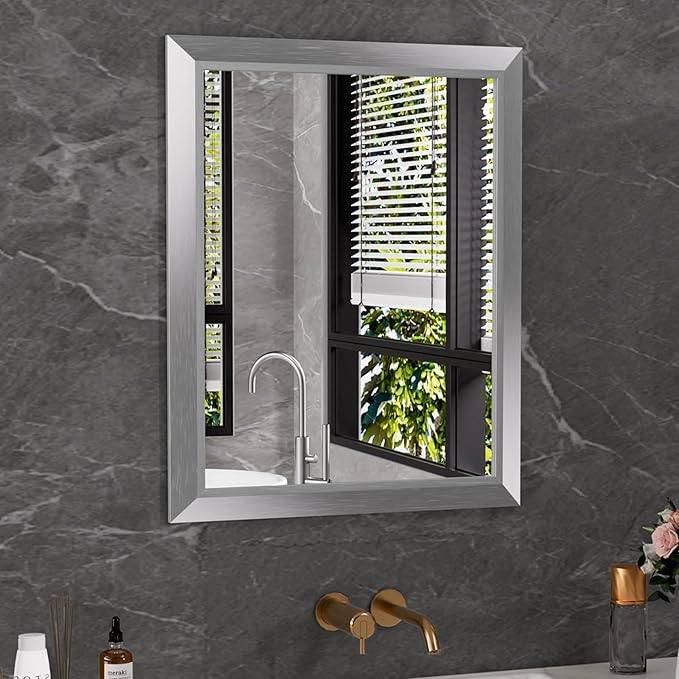 Amorho 24x30 Inch Bathroom Mirror Silver, Thick Metal Framed Wall Mirrors