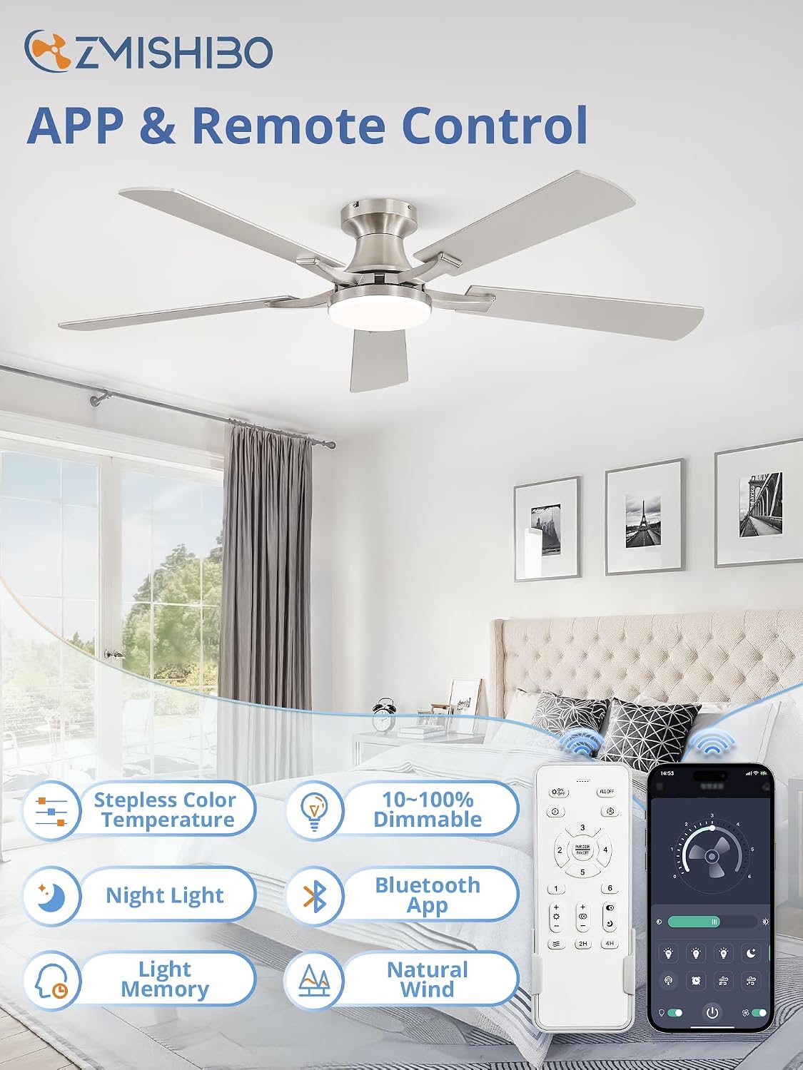 ZMISHIBO 52 Inch Ceiling Fans with Lights, Remote&App Control, Flush Mount