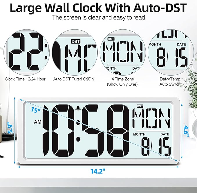 XREXS Large Digital Wall Clock Battery Operated