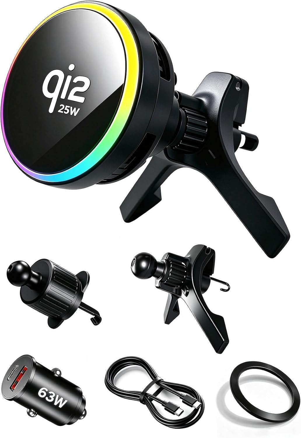 Qi2.2 25w Wireless Charging Car Mount with 63W Adapter & 2 Vent hook clamps