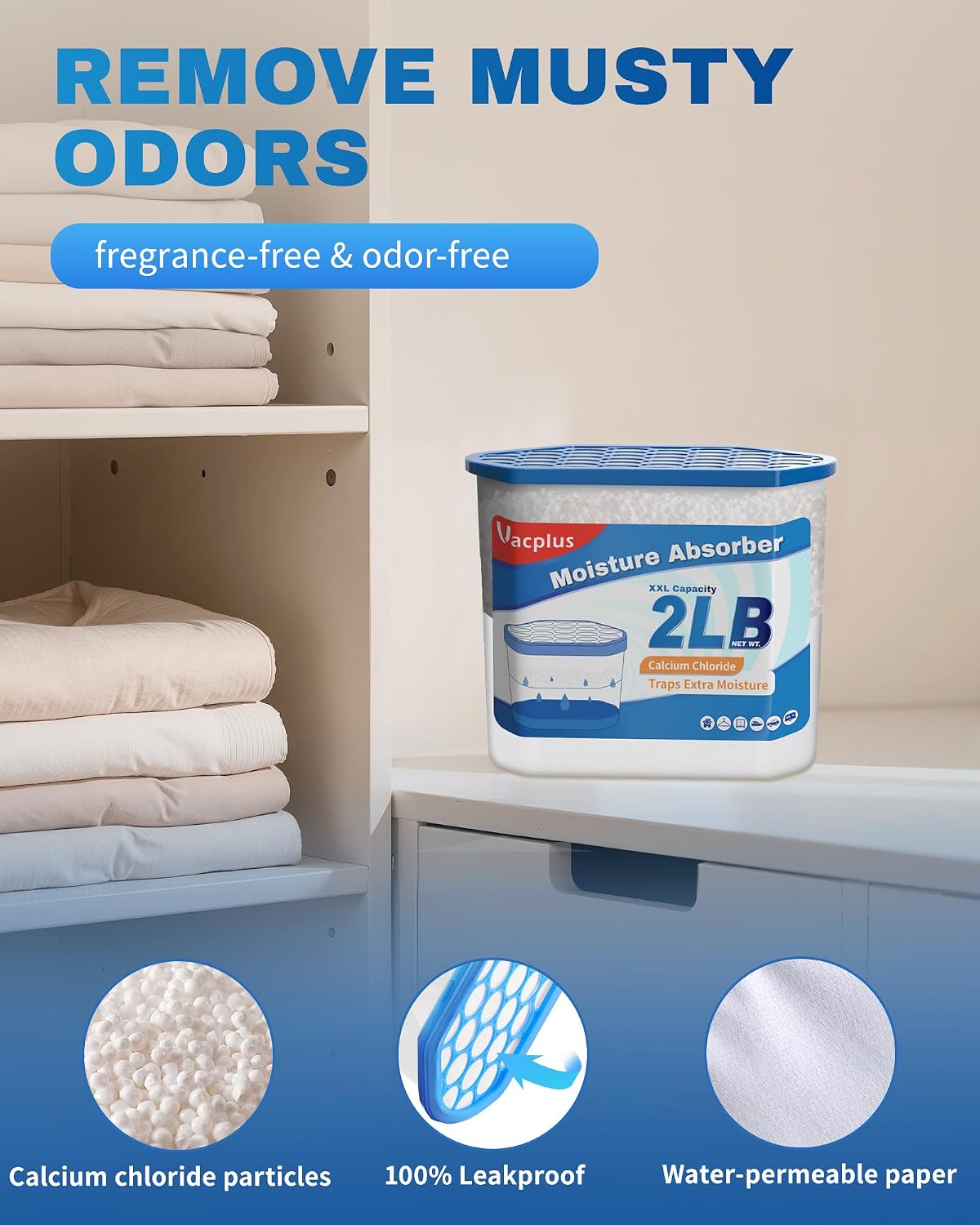 Vacplus Moisture Absorber, 2 LB, Strong Absorption, Fragrance Free, 4 Pack