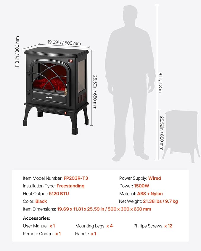 VEVOR 25.5inch Freestanding Fireplaces, 1500W 5120BTU Portable Electric