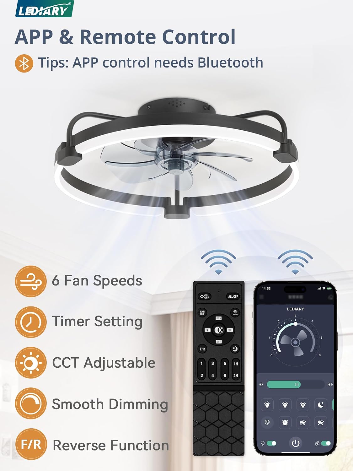 LEDIARY 20" Ceiling Fans with Lights and Remote, Low Profile Led Fan Light