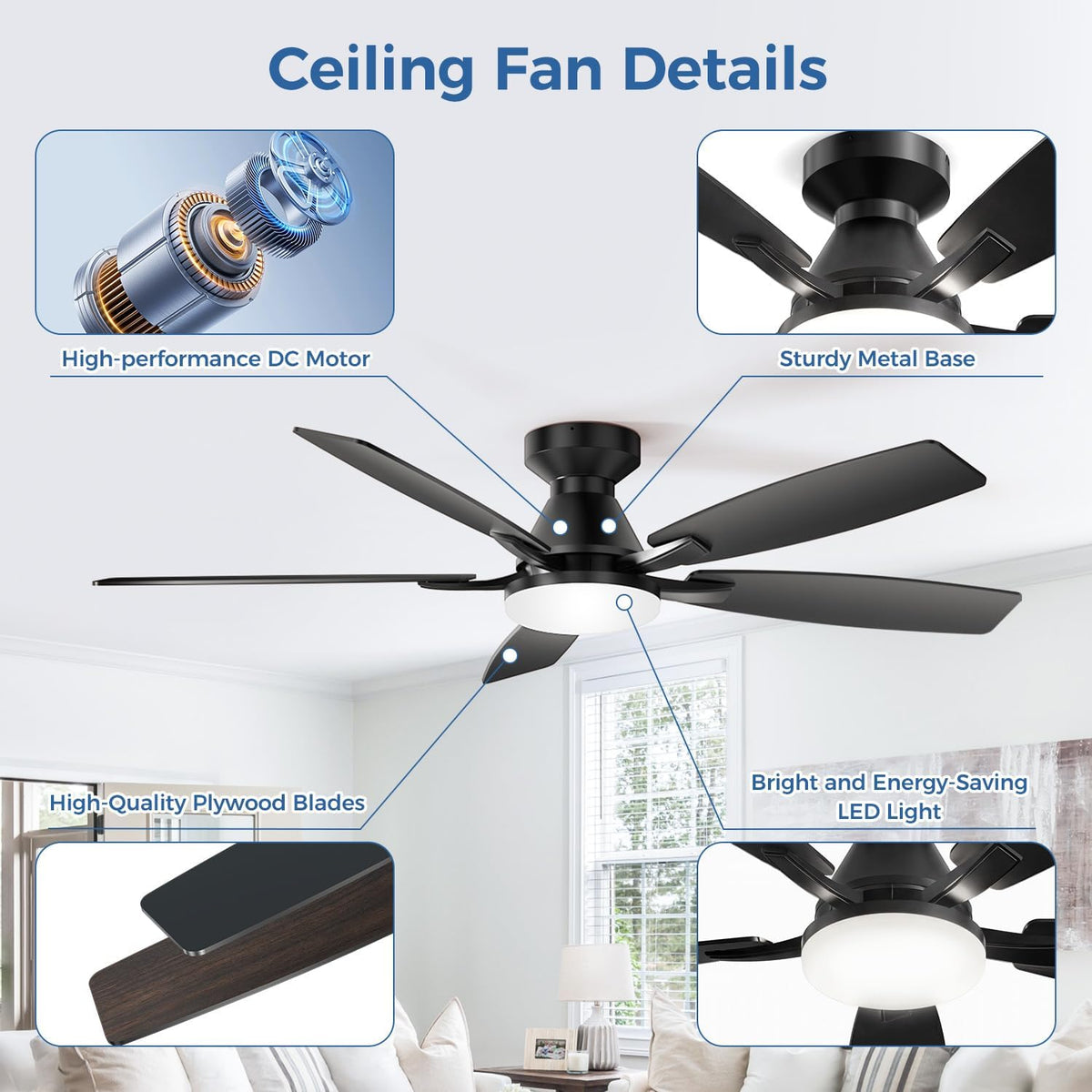 52 Inch Ceiling Fans with Lights, App & Remote Control, Quiet Reversible ...
