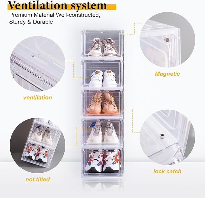 Attelite Shoe Box, Stackable Plastic Clear Shoe Box Organizer (6 Pack)