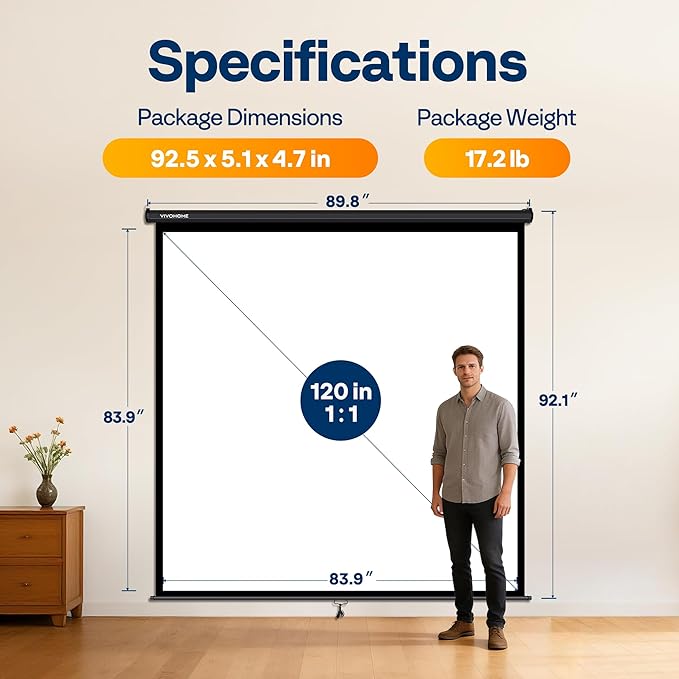 VIVOHOME 120 Inch 1:1 Pull Down Projector Screen, HD 4K Retractable Movie Screen