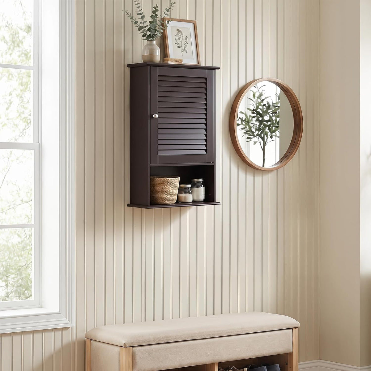 Tangkula Medicine Cabinet, Wall Mounted Bathroom Cabinet Single Door Wooden B...