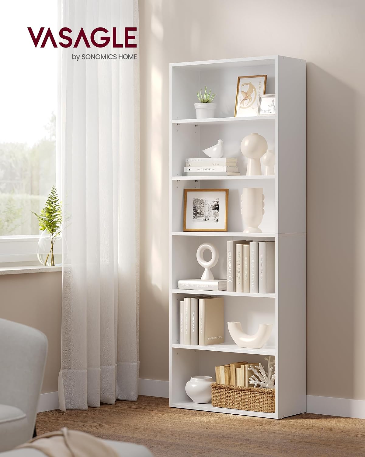 VASAGLE Bookshelf, 23.6 Inches Wide, 6-Tier Open Bookcase with Adjustable Sto...
