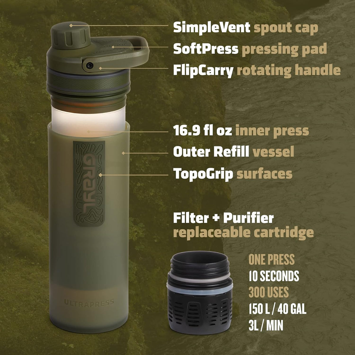 GRAYL UltraPress 16.9 oz Water Purifier & Filter Bottle, Olive Drab