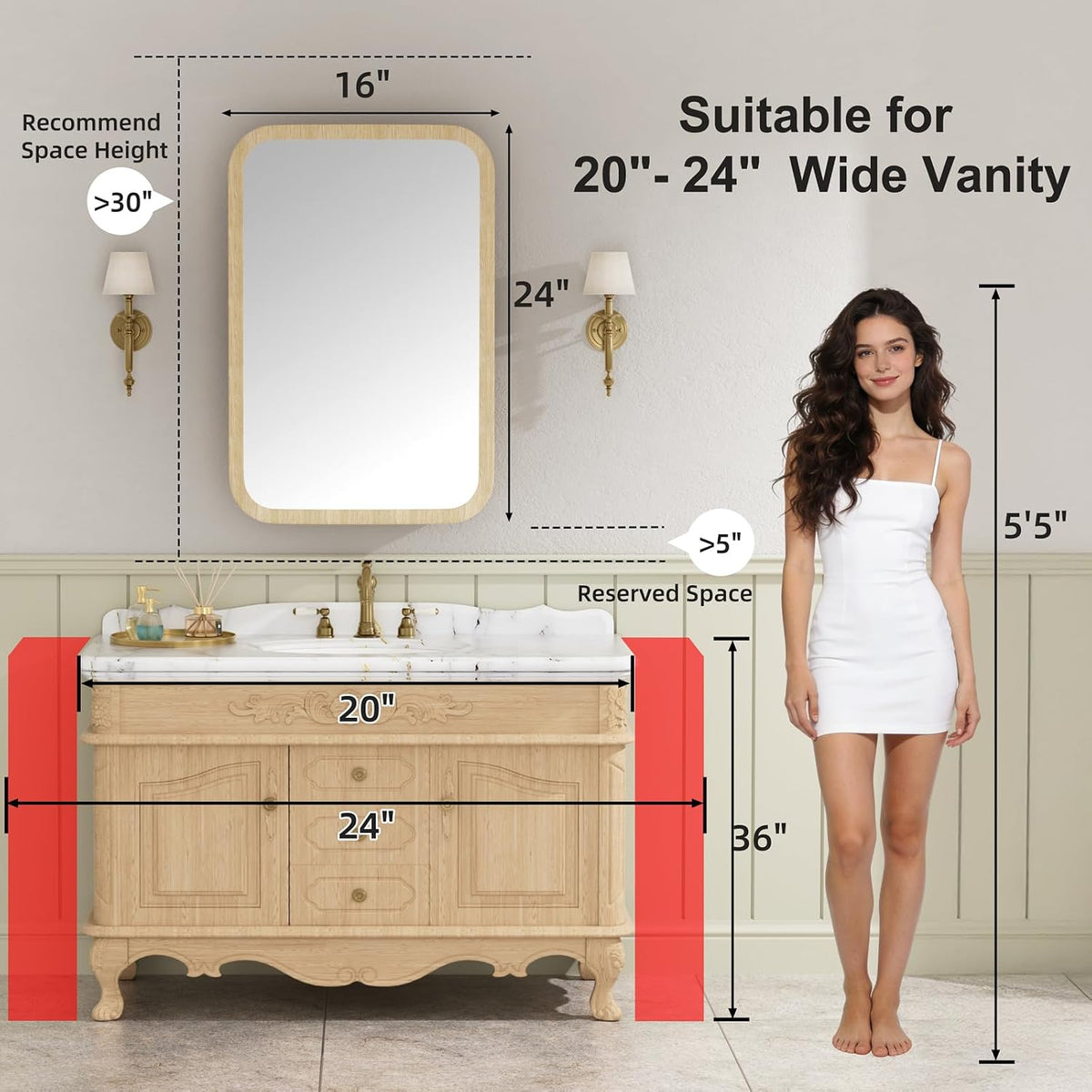 16x24 Inch Wood Medicine Cabinet with Mirror for Bathroom, Oak