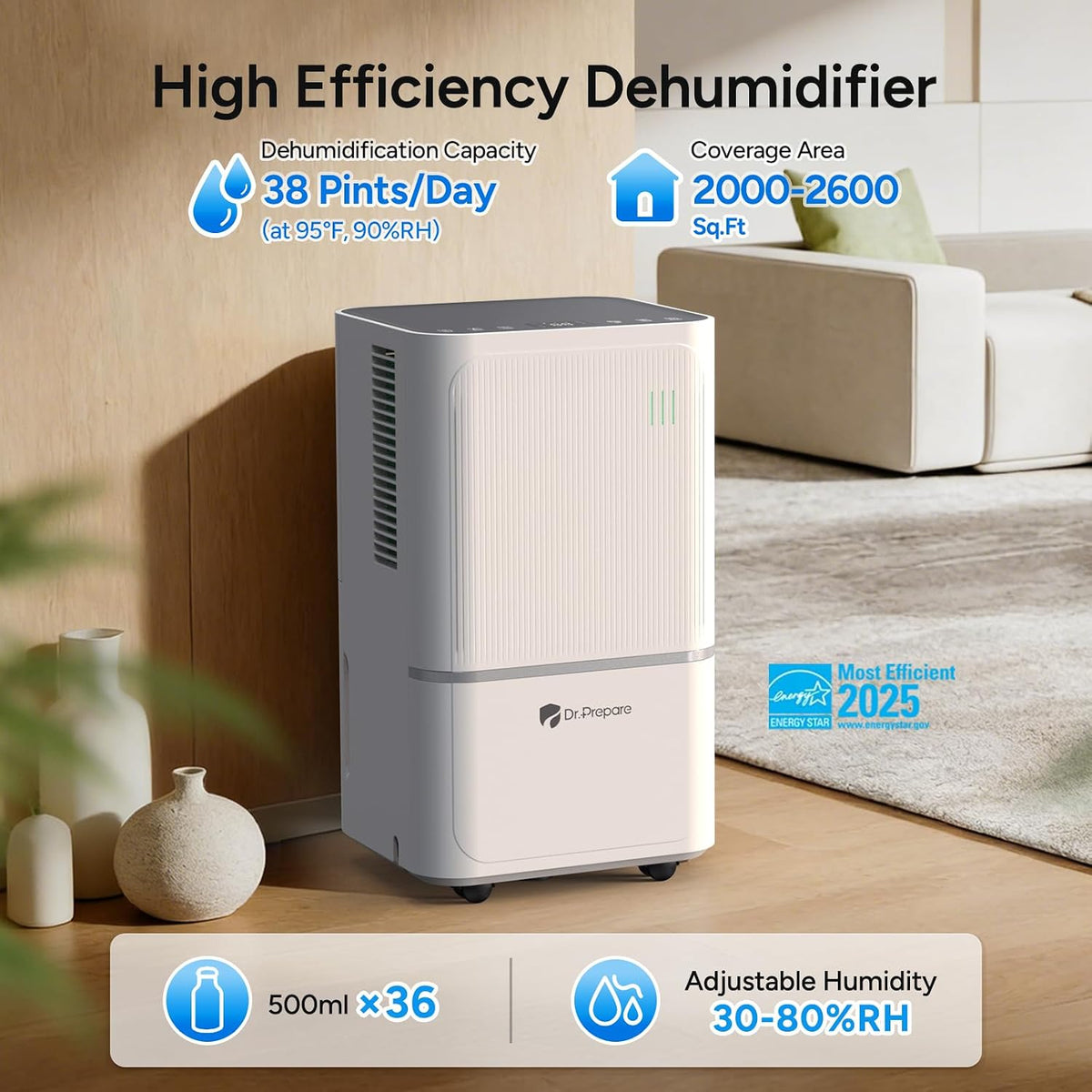 DR.PREPARE 2600 Sq.Ft Energy Star Dehumidifier, Max 38 Pints, Dehumidifier fo...