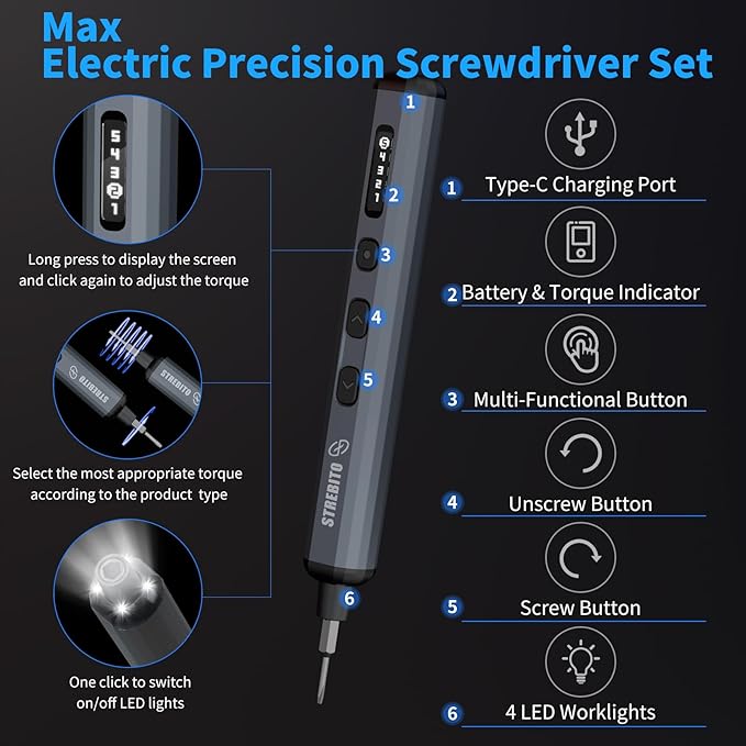 STREBITO Mini Electric Screwdriver Set, 70-in-1 Max Precision Electric