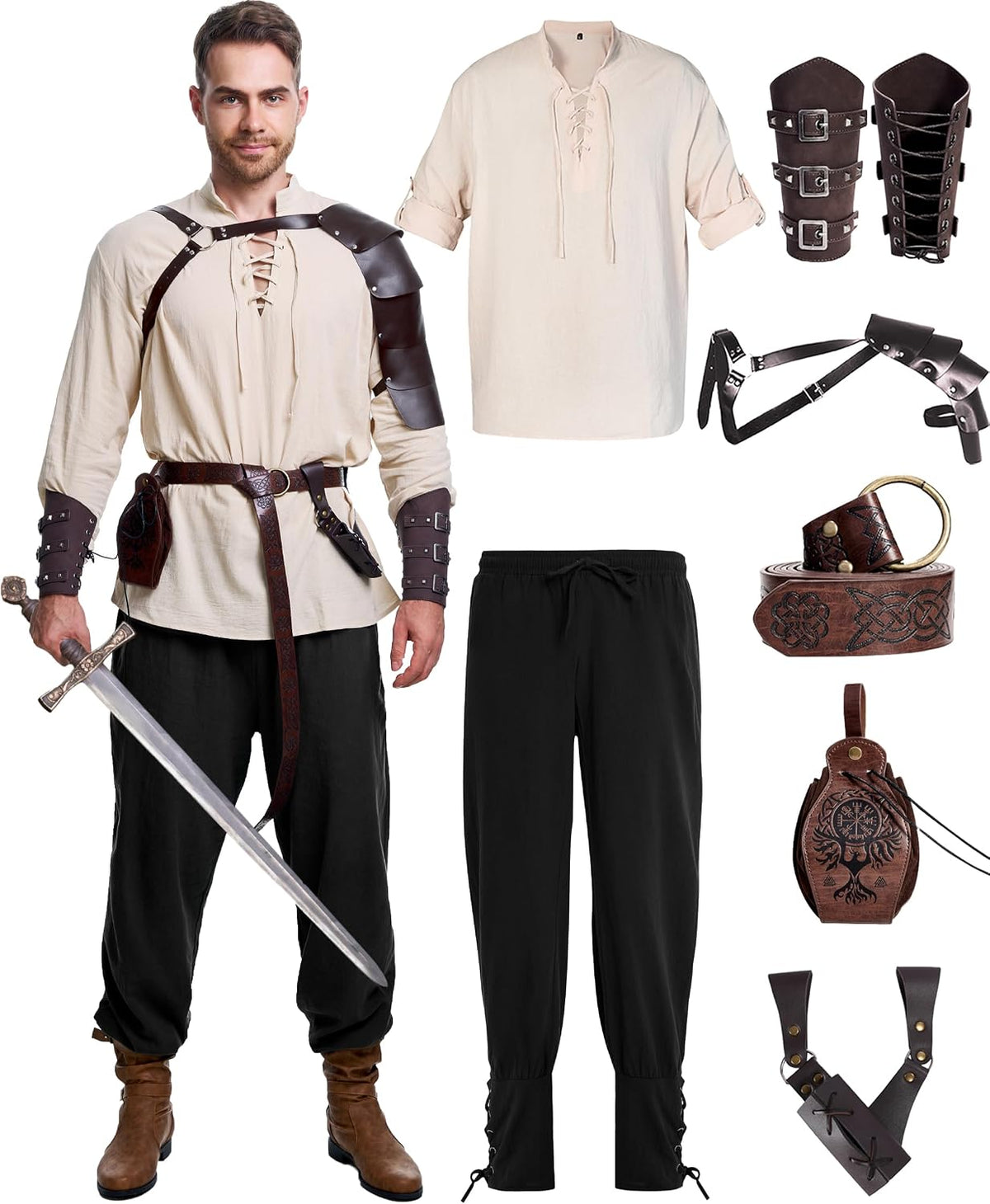 8 Pcs Men's Renaissance Costume Halloween Medieval Pirate Shirt Pant Viki...