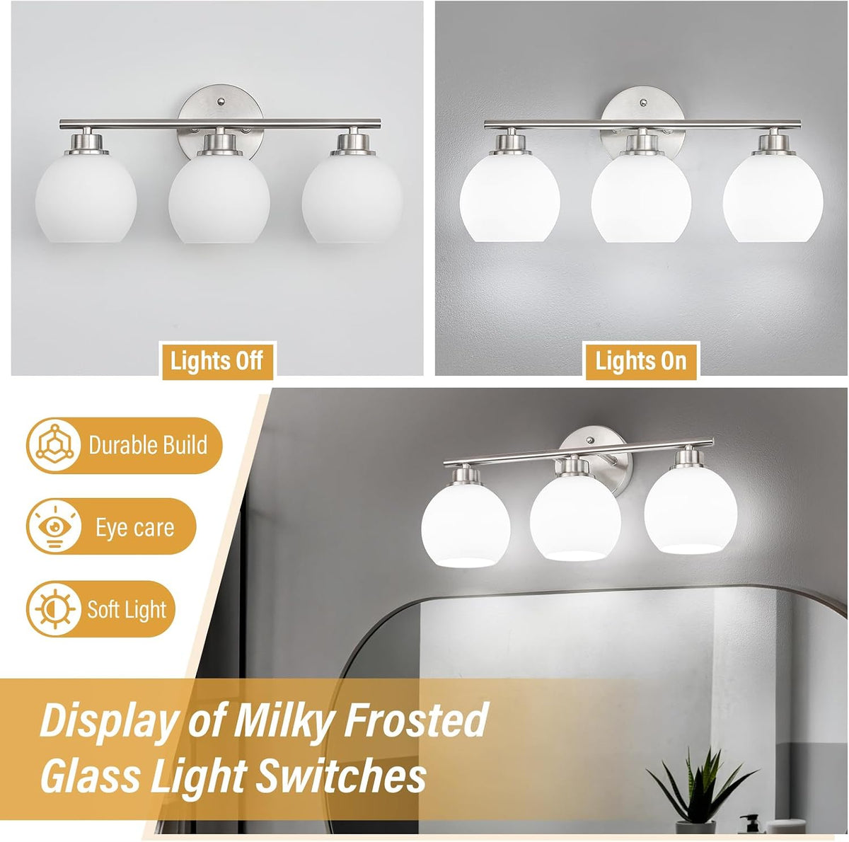 Brushed Nickel Bathroom Light Fixtures, 3-Light Vanity Light Over Mirror