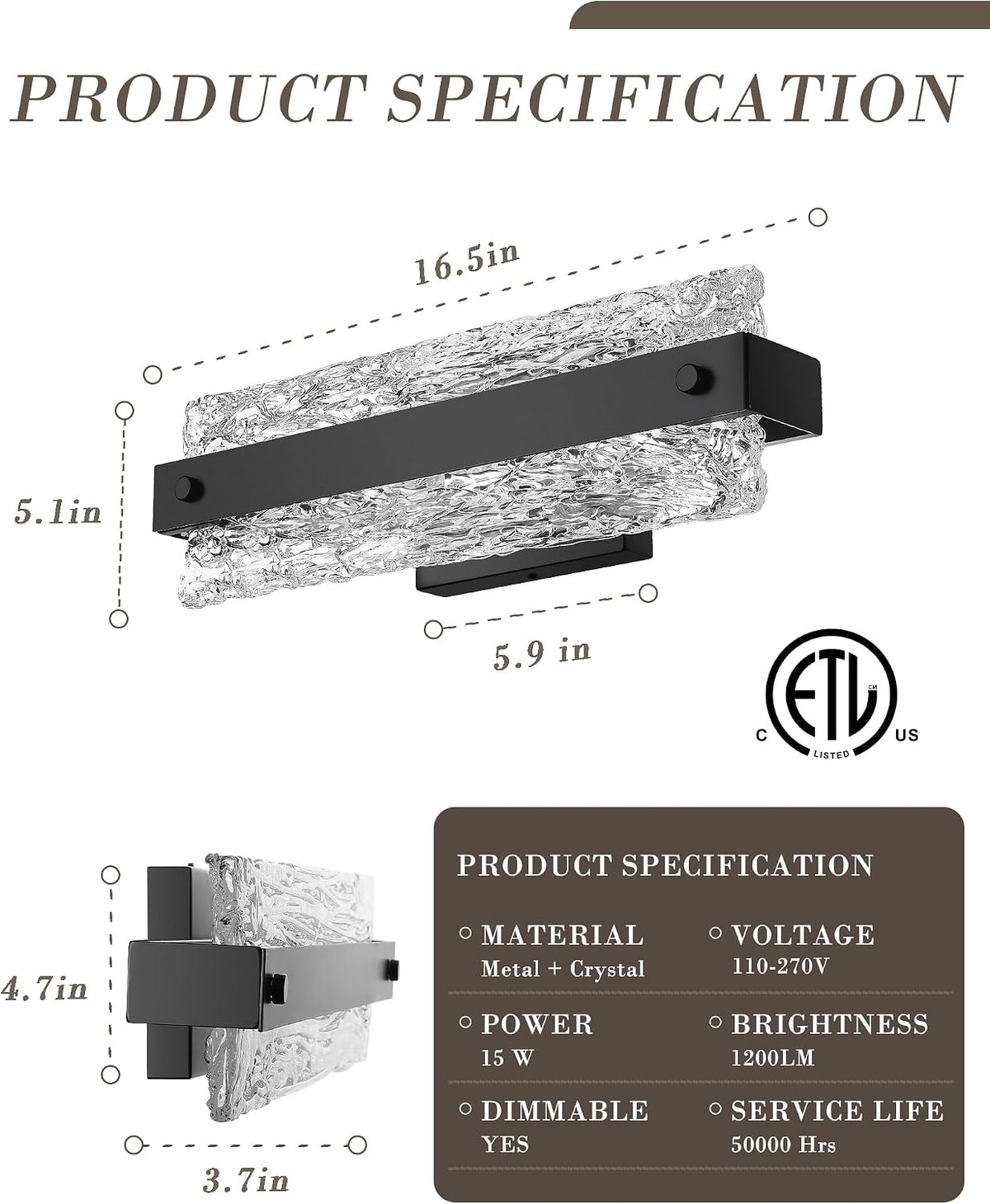 16.5" LED Bathroom Vanity Light, Matte Black, 3 CCT Dimmable