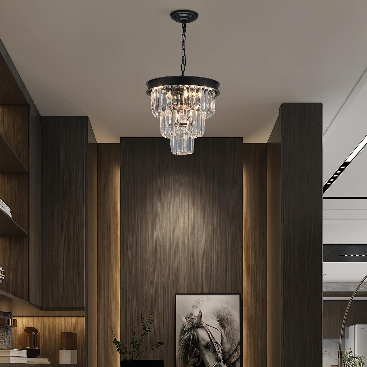 Weesalife Black Crystal Chandeliers for Dining Room，4-Lights D12 Inch