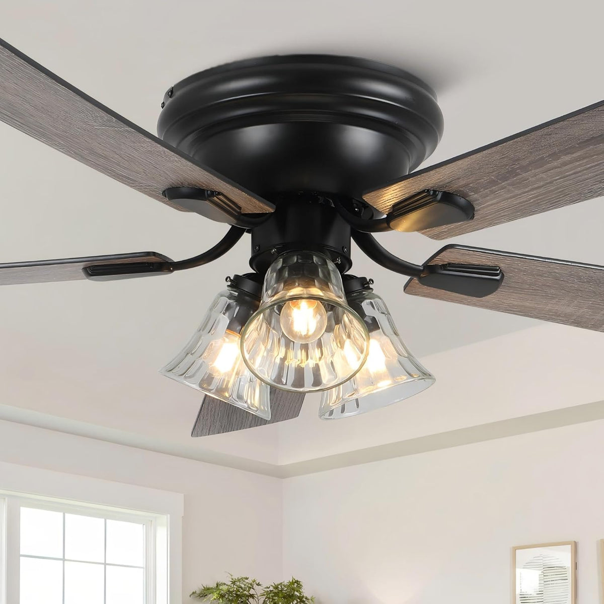 52 Inch Vintage Flush Mount Ceiling Fan with Lights and Remote