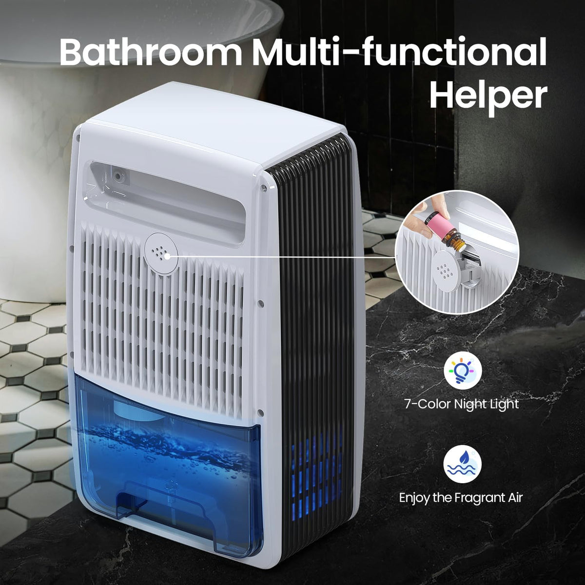 Dehumidifier for Bathroom with 3.3 ft Drain Hose, Auto Shut Off
