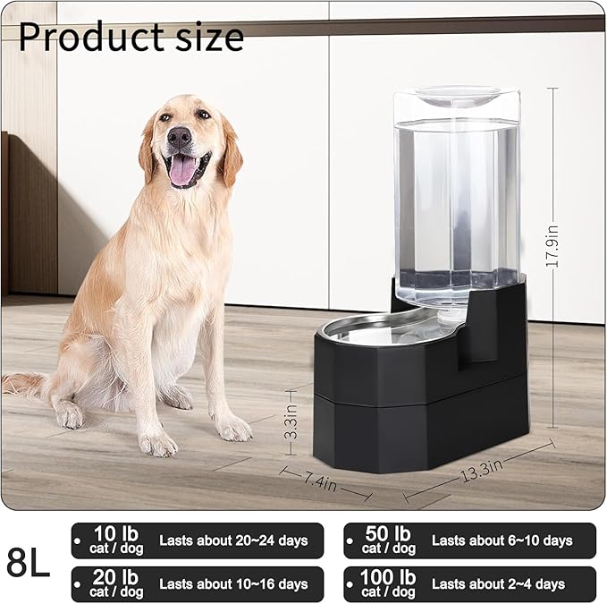 Sfozstra Raised Pet Water Dispenser: 8L Black Automatic Stainless Steel Gravity