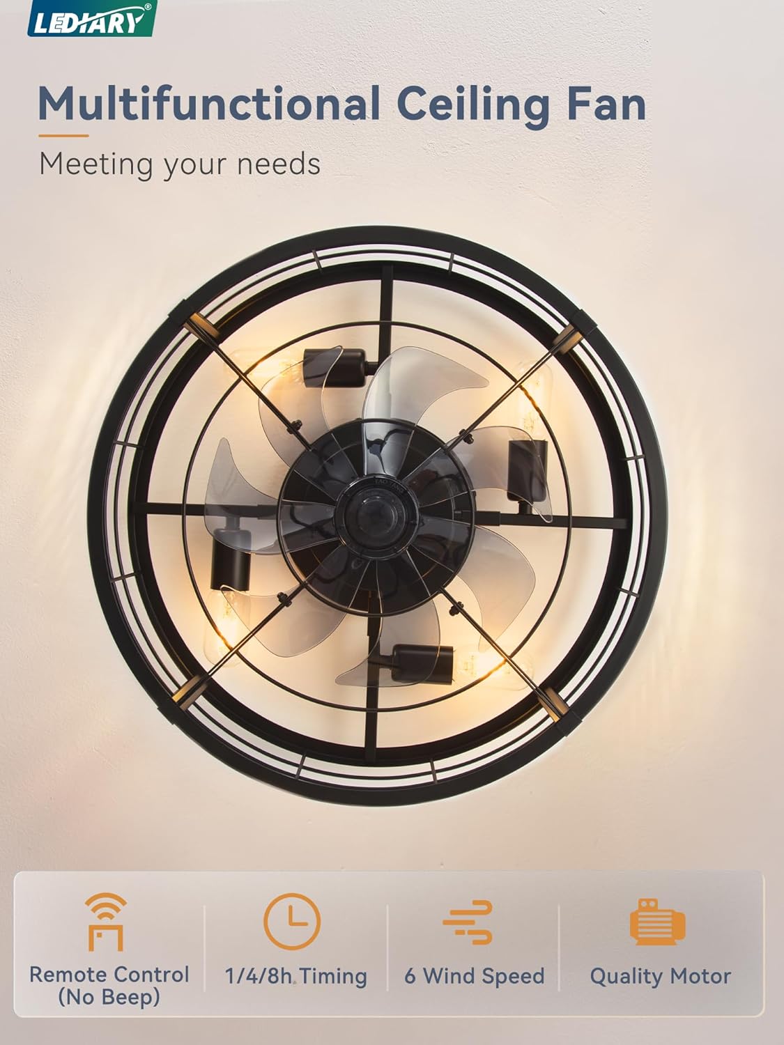 LEDIARY 20" Black Caged Low Profile Ceiling Fan with Light and Remote