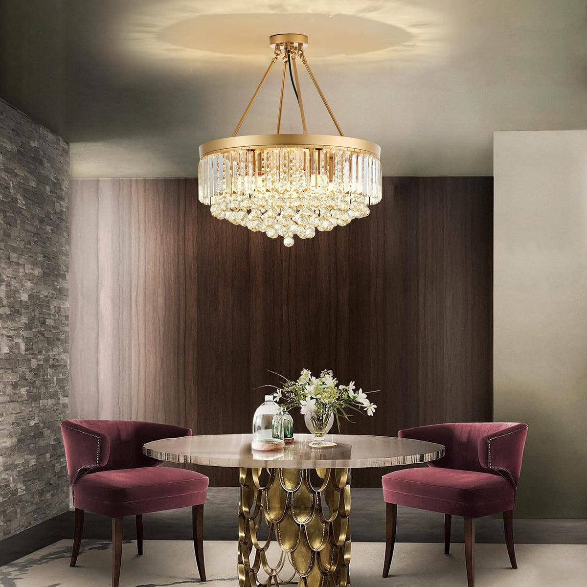 9-Light Gold Crystal Chandelier Contemporary 22'' Modern Semi Flush M...