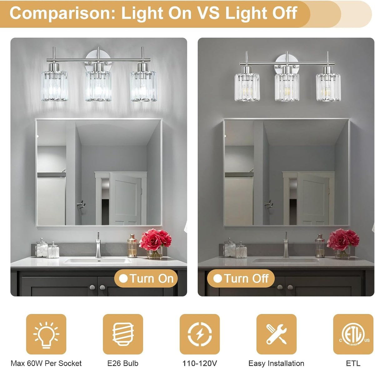 Brushed Nickel 3-Light Crystal Bathroom Vanity Light Fixtures, Round