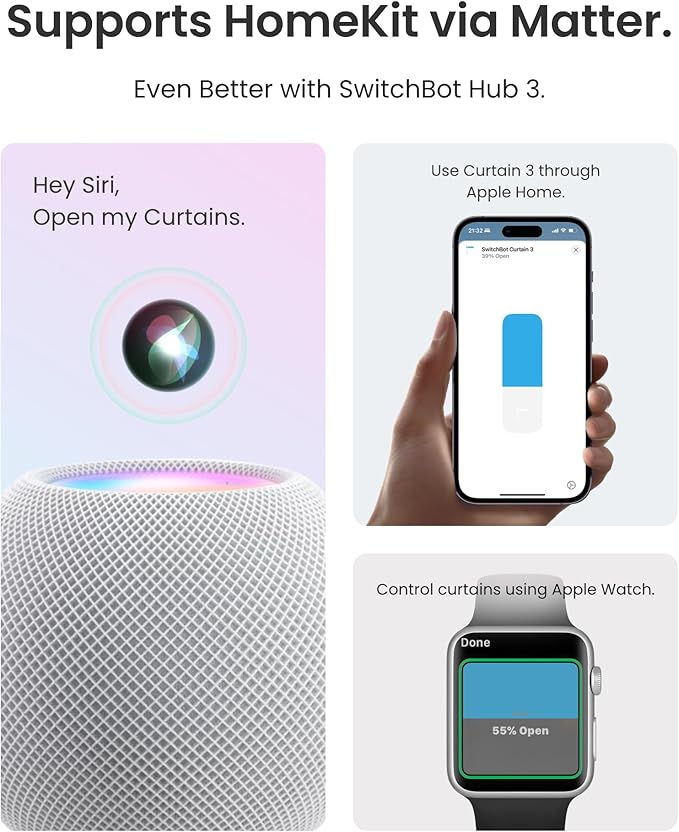 SwitchBot 2025 Automatic Curtain Opener 3 Rod, WiFi & App Control, Add Hu...