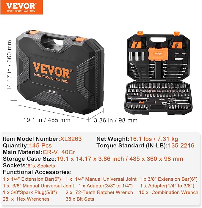 VEVOR Mechanics Tool Set and Socket Set, 1/4" and 3/8" Drive Deep a...