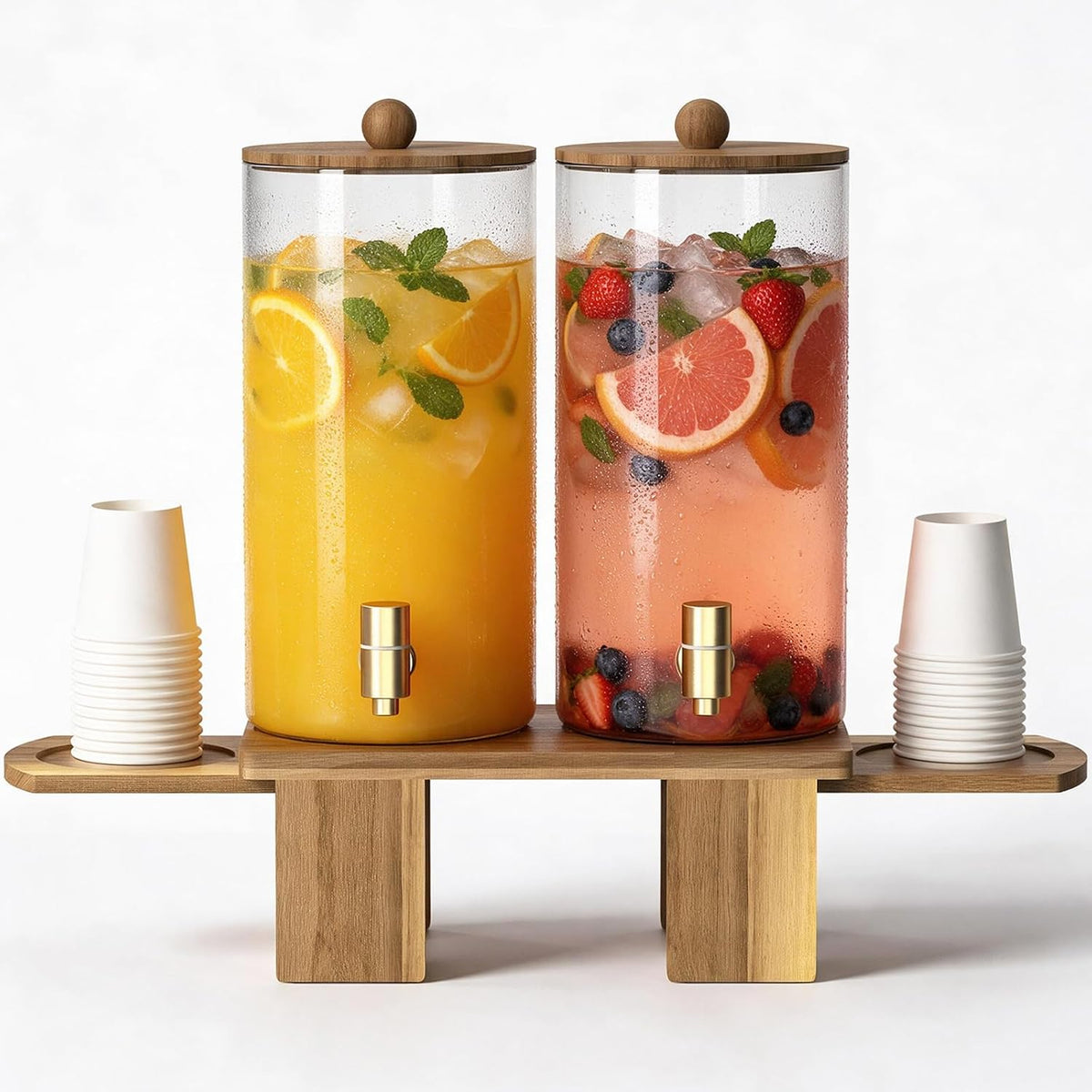 2 Pcs 1.5 Gallon Glass Drink Dispenser with Wood Stand & Pull-Out Cup Stand