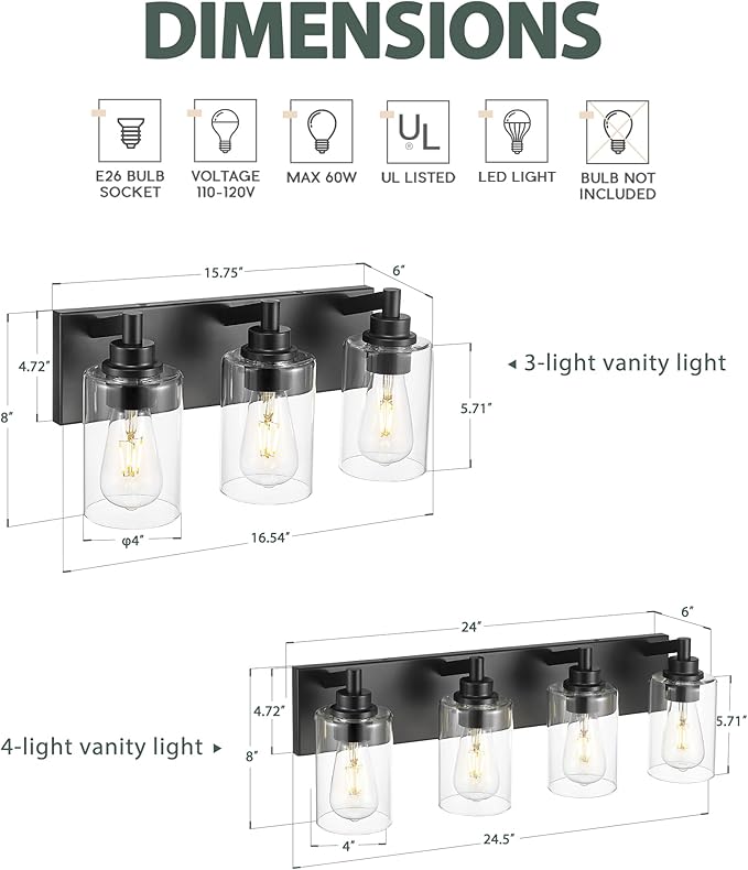 METWET 4-Light Bathroom Light Fixtures, Modern Vanity Lighting Fixtures Over