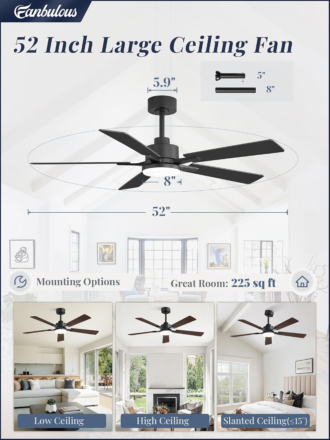 Fanbulous 52 Inch Ceiling Fans with Lights DC Motor, Remote & APP Control