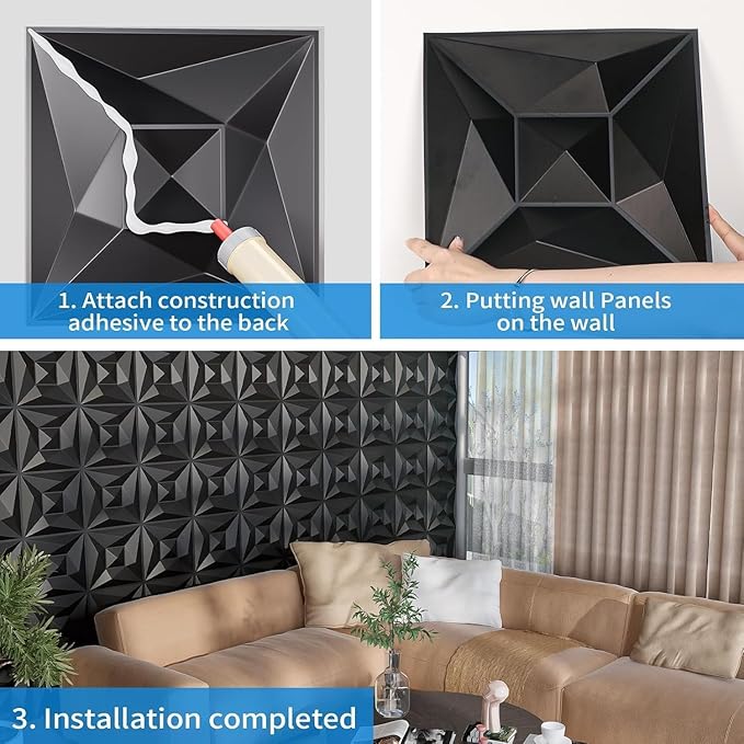 Greymond Black PVC 3D Wall Panels, 33 Pack 11.8''x11.8''Geome...