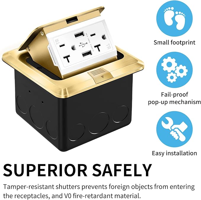 Vagueior Pop Up Floor Electrical Outlet Stainless Steel Box Kit, 5V/4.8A USB