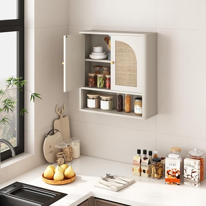 RUSTOWN Rattan Bathroom Wall Cabinet, Over The Toilet Storage Cabinets