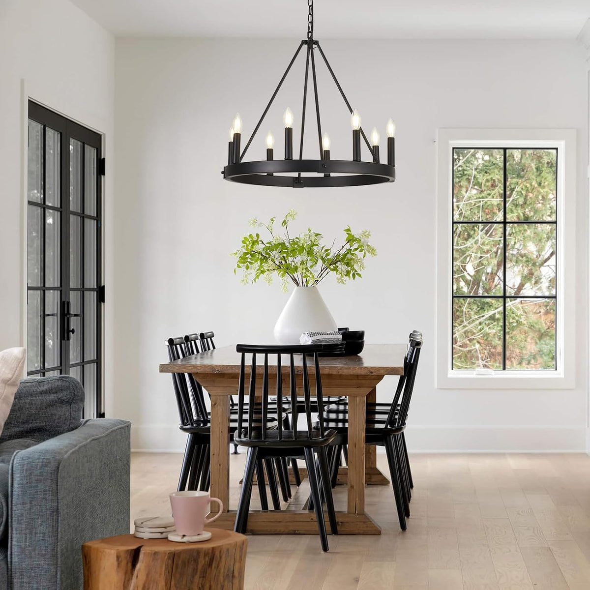 8 Lights Farmhouse Wagon Wheel Chandelier, Black, D24 Round