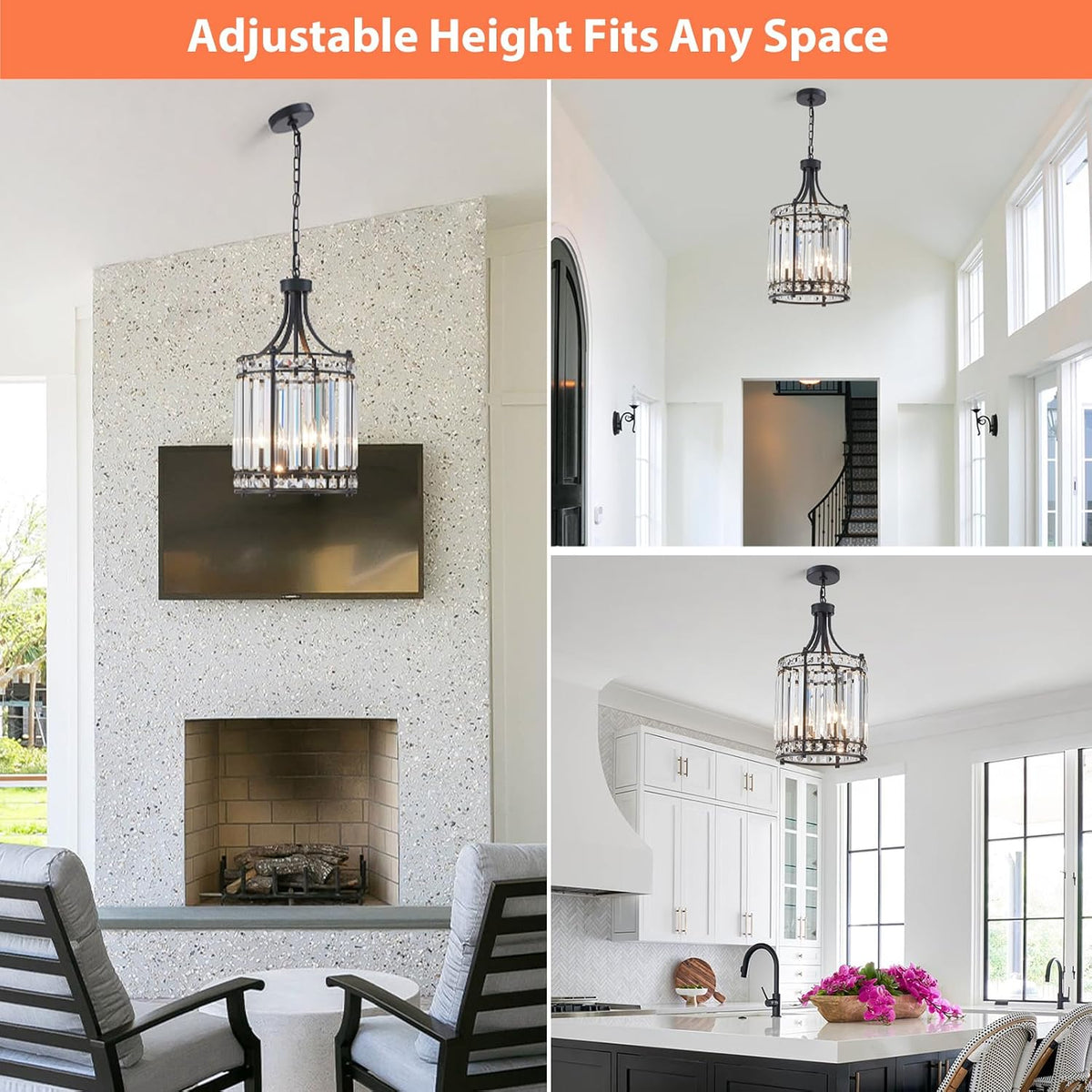 Lantern Crystal Chandeliers for Dining Room, Black 4 Light Farmhouse Geometri...