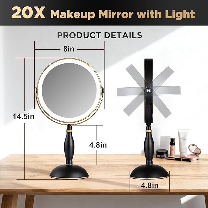 Lighted Makeup Mirror, 20x Magnifying Rechargeable Double Side Vanity Mirror