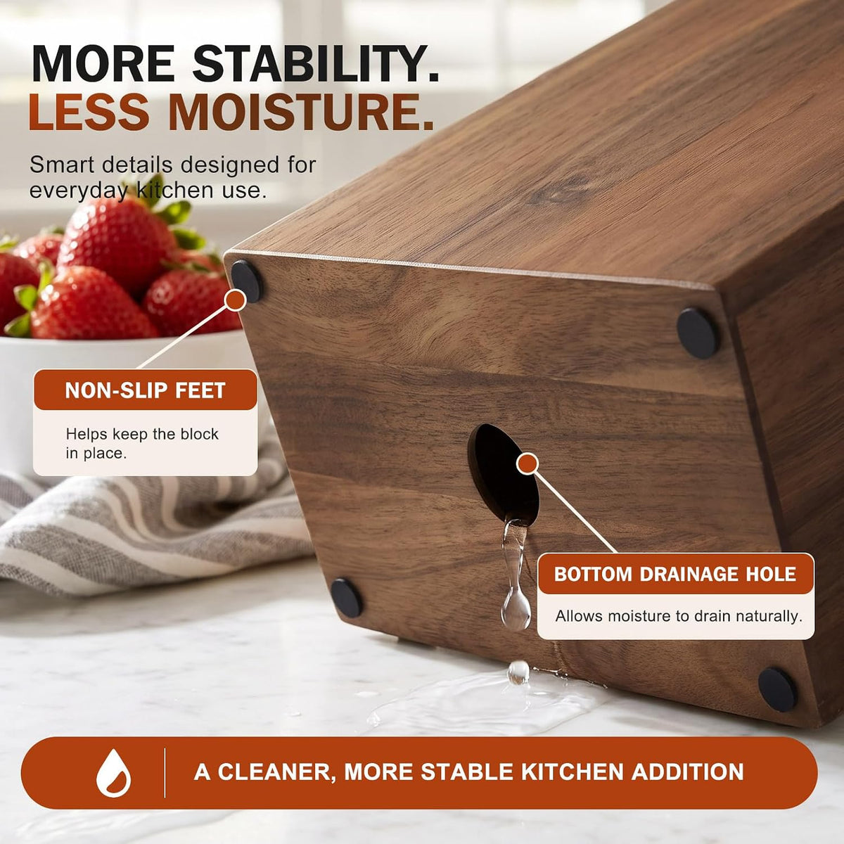 Universal Knife Block Without Knives, Acacia Wood Large Knife Holder