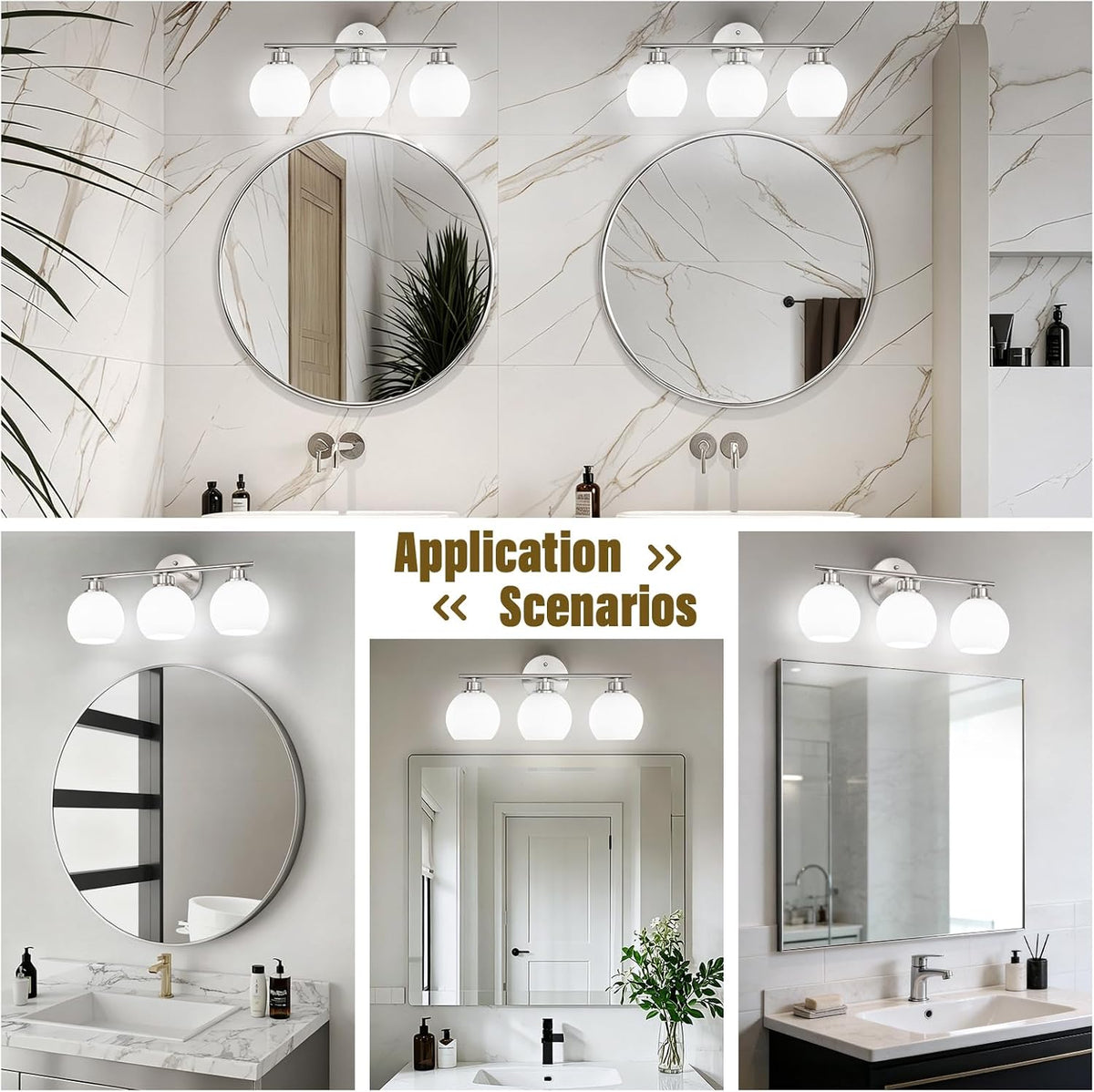Brushed Nickel Bathroom Light Fixtures, 3-Light Vanity Light Over Mirror