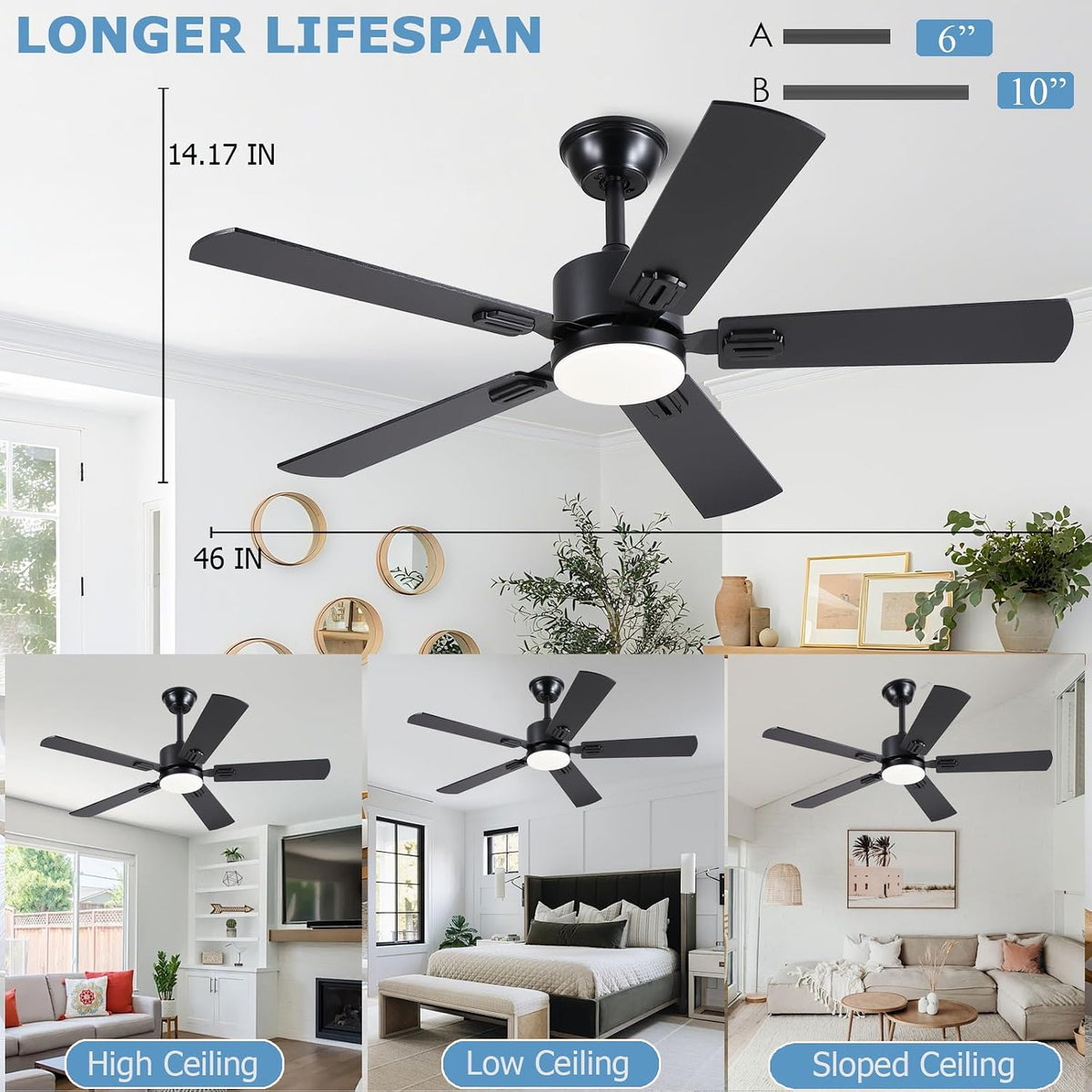 FUMLTP 46inch Modern Ceiling Fans with Lights APP/Remote Control, Black