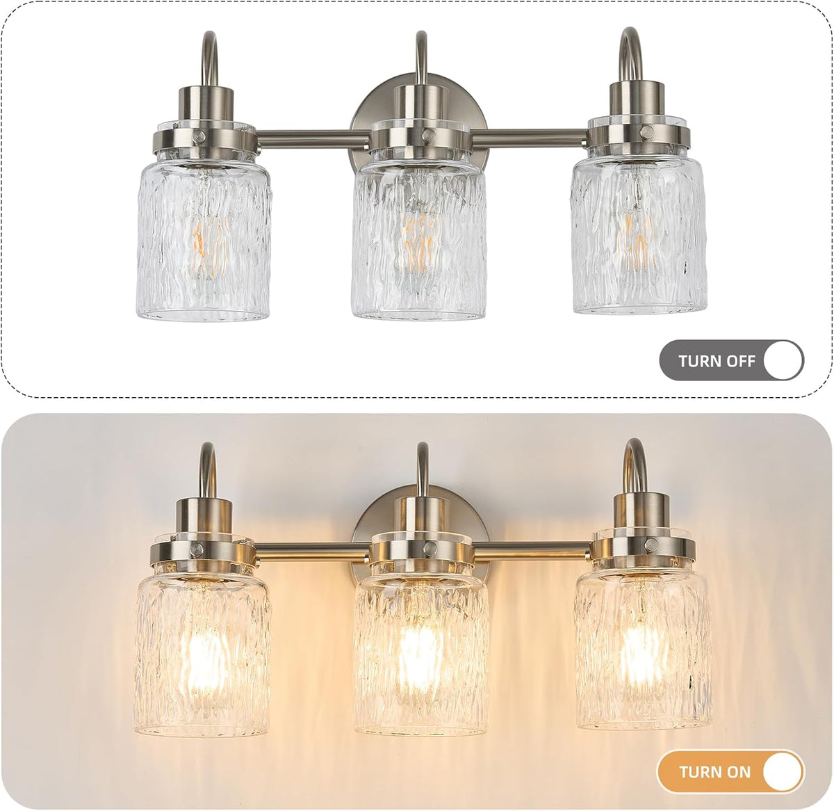 3 Lights Hammered Glass Bathroom Vanity Light,Brushed Nickel