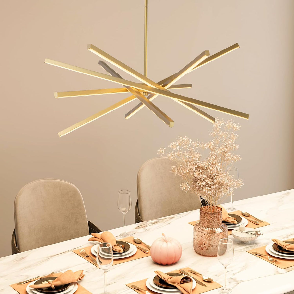 Modern LED Gold Chandelier Over Table, 3000K 4500K 6000K Dimmable