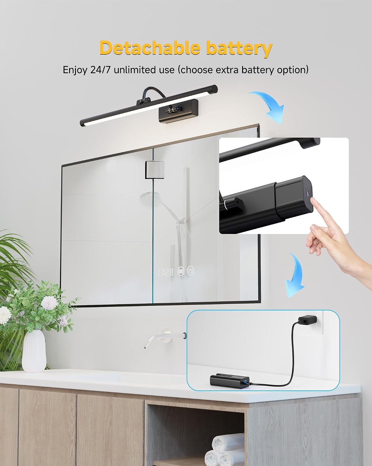 Bathroom Vanity Light Wireless Rechargeable Black 24 inch Black
