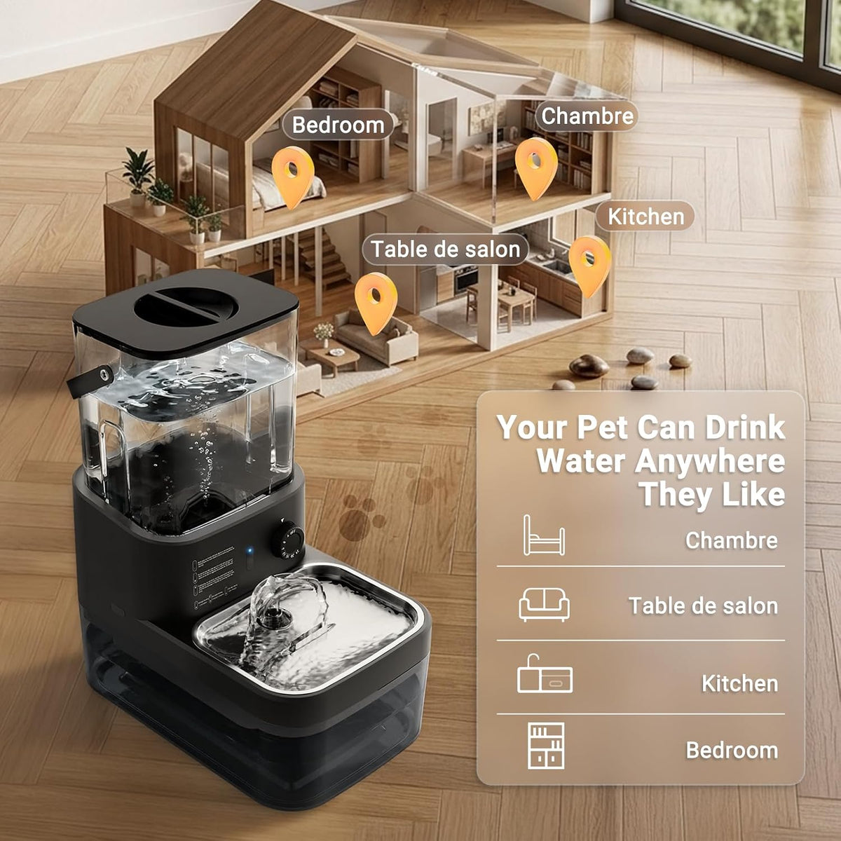3L Filterless Cat Water Fountain, Wireless, Wastewater Separation,Black