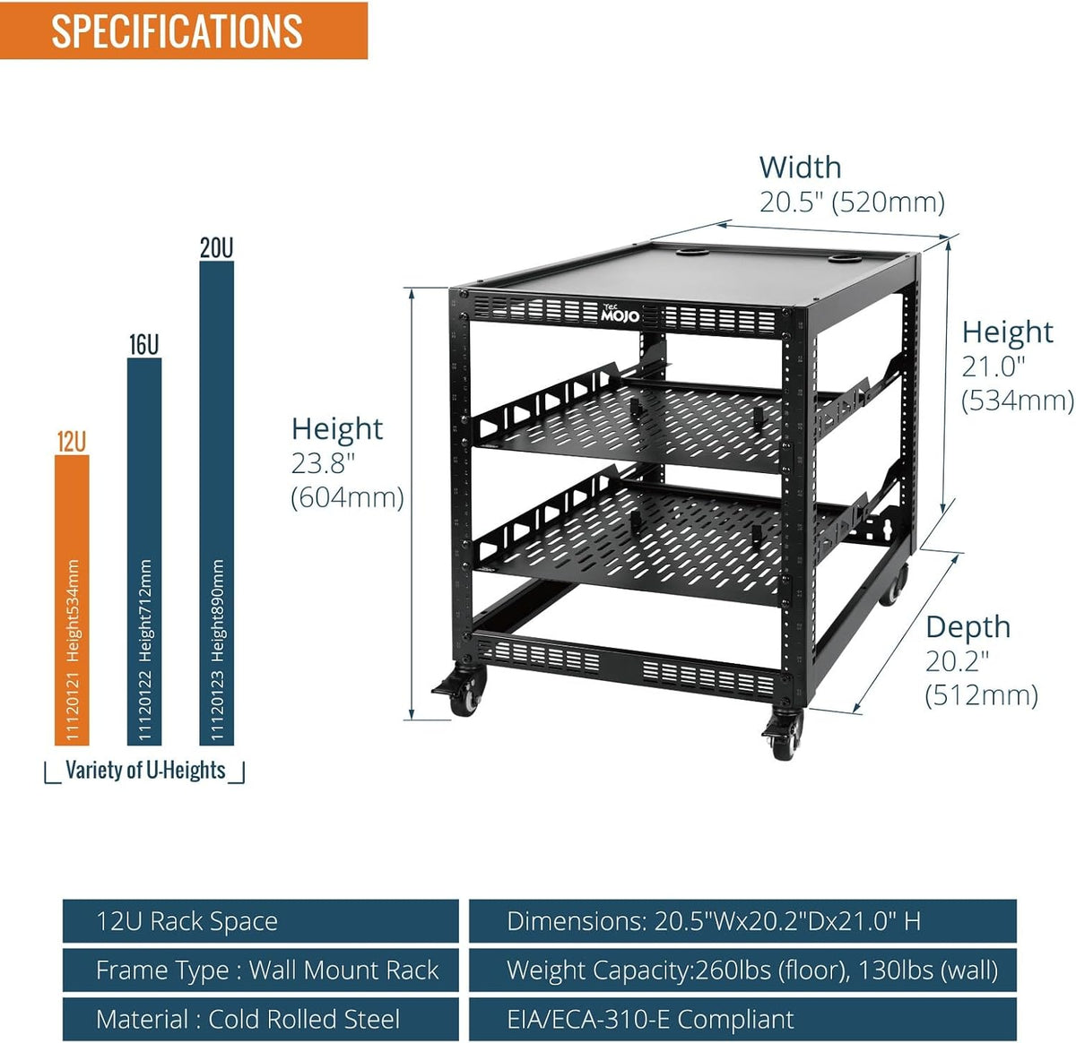 TECMOJO 12U Open Frame Network Rack for IT & AV Gear, 4-Post With Casters...