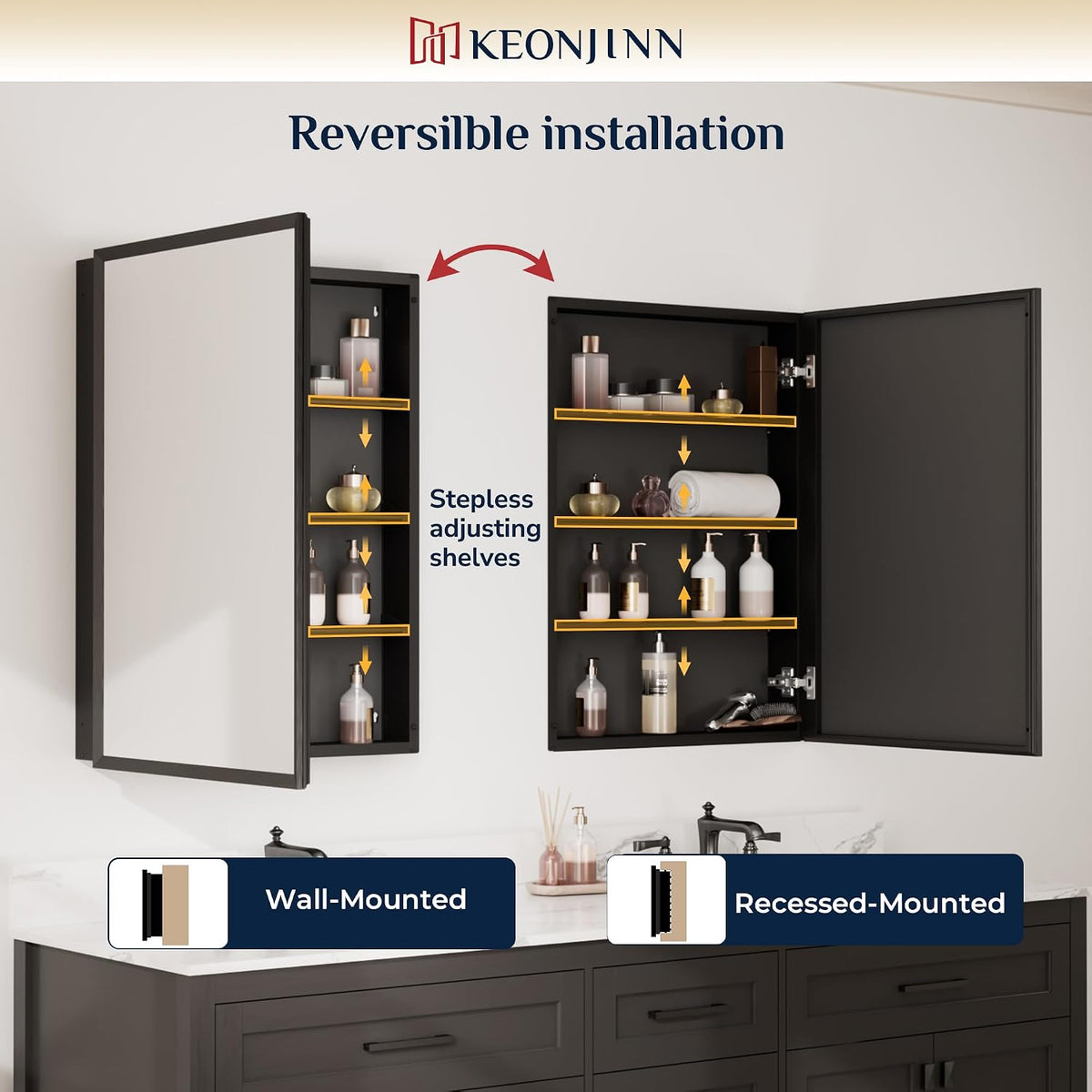 Keonjinn Matte Black Medicine Cabinet Mirror 20 x 26, Adjustable Shelves