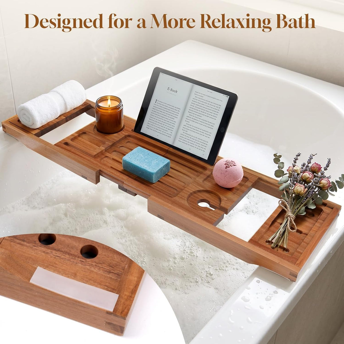Acacia Bathtub Tray, Foldable & Extendable Bath Caddy with Non-Slip Desig...