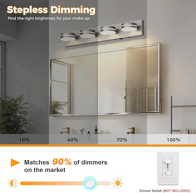 26" Motion Sensor Vanity Light Brushed Nickel, 3CCT 4-Light Modern LED B...
